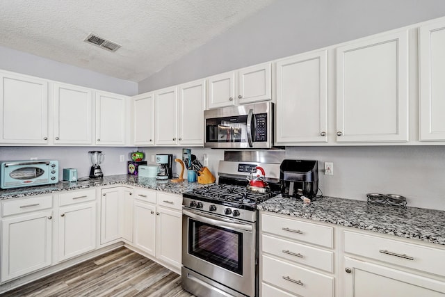 6605 Country Knoll Ct NW, Albuquerque, NM 87114 - kitchen featuring appliances with stainless steel finishes, lofted ceiling, a textured ceiling, light stone countertops, and white cabinetry