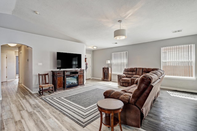 6605 Country Knoll Ct NW, Albuquerque, NM 87114 - living room featuring arched walkways, baseboards, light wood-style floors, a textured ceiling, and vaulted ceiling