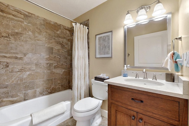 full bathroom with toilet, vanity, and shower / tub combo with curtain