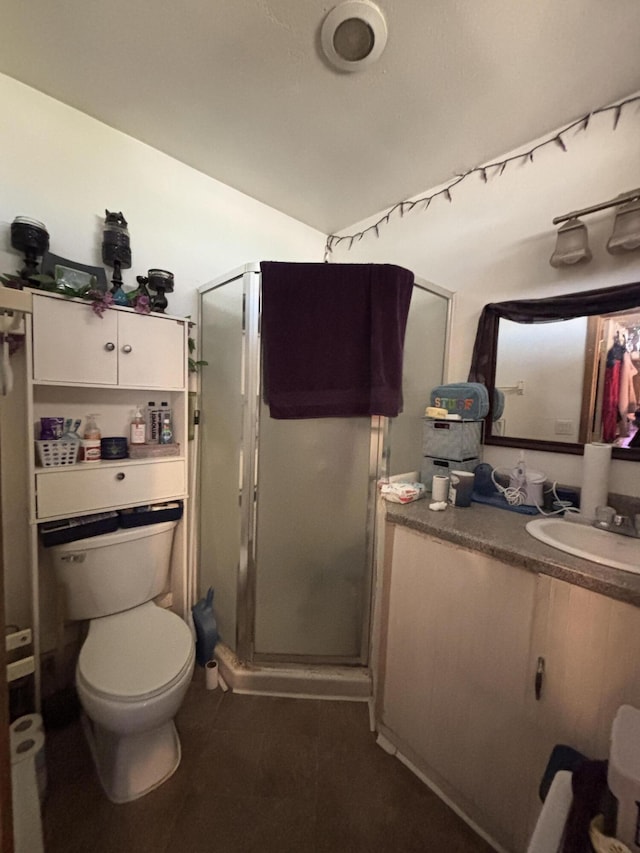 1816 Isleta Blvd SW, Albuquerque, NM 87105 - bathroom featuring vanity, a shower stall, and lofted ceiling