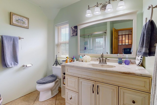 5 Francisco Rd, Cedar Crest, NM 87008 - full bath featuring vanity, tile patterned floors, a shower stall, and vaulted ceiling