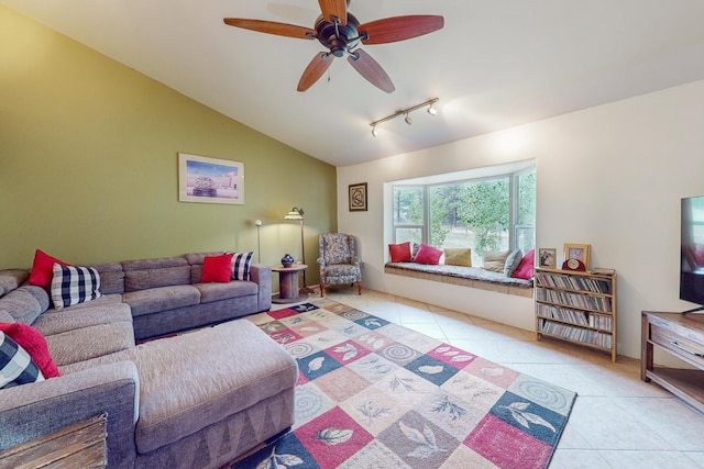 5 Francisco Rd, Cedar Crest, NM 87008 - living area with light tile patterned floors, rail lighting, a ceiling fan, and lofted ceiling