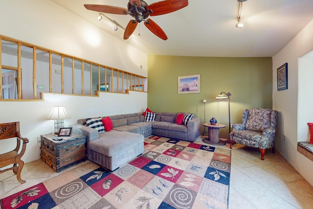 5 Francisco Rd, Cedar Crest, NM 87008 - living area with track lighting, tile patterned floors, lofted ceiling, and a ceiling fan