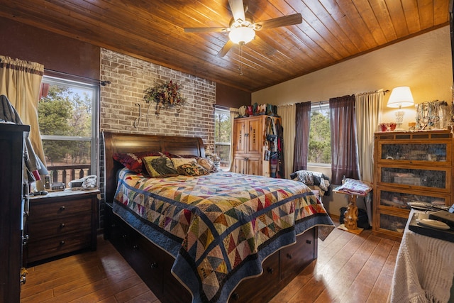 160 Black Bear Rd, Ramah, NM 87321 - bedroom with multiple windows, wood ceiling, wood-type flooring, and ceiling fan