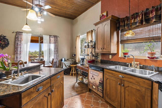 160 Black Bear Rd, Ramah, NM 87321 - kitchen with dishwashing machine, dark countertops, wooden ceiling, a ceiling fan, and pendant lighting