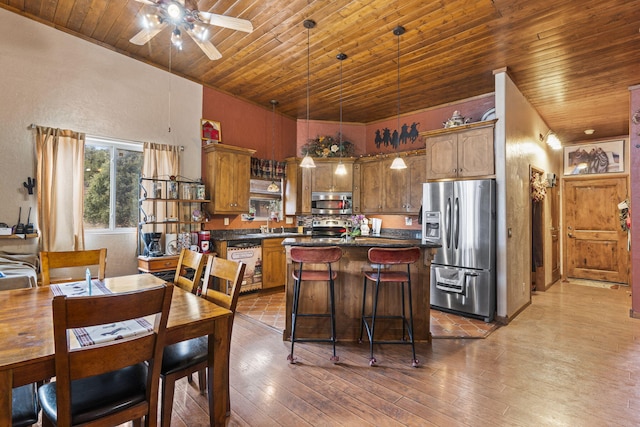 160 Black Bear Rd, Ramah, NM 87321 - kitchen featuring appliances with stainless steel finishes, wood ceiling, dark countertops, lofted ceiling, and a ceiling fan