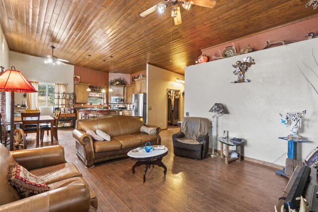 160 Black Bear Rd, Ramah, NM 87321 - living room with a ceiling fan, wood ceiling, hardwood / wood-style floors, and vaulted ceiling