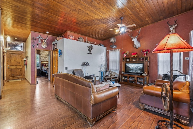 160 Black Bear Rd, Ramah, NM 87321 - living room with wooden ceiling, ceiling fan, wood-type flooring, and plenty of natural light