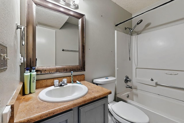 8912 Silverado Ave SW, Albuquerque, NM 87121 - bathroom with vanity, toilet, a textured ceiling, and  shower combination