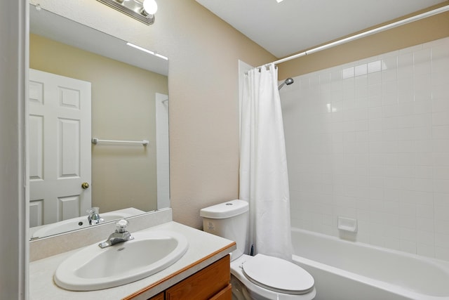 bathroom with toilet, shower / bath combination with curtain, and vanity