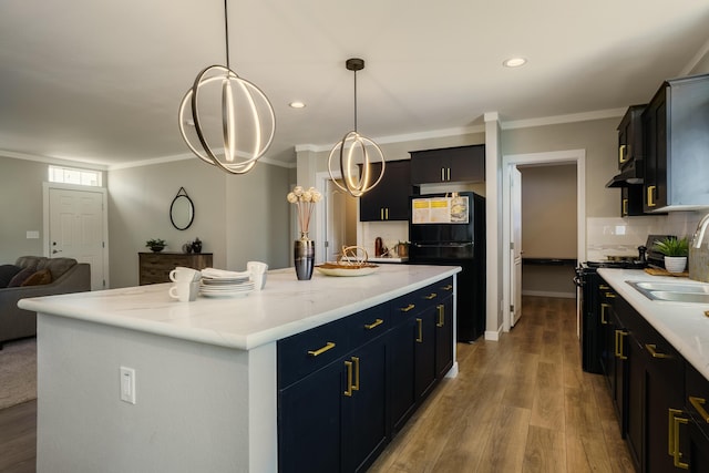 1899 Vargas Rd SE, Rio Rancho, NM 87124 - kitchen featuring freestanding refrigerator, under cabinet range hood, range with gas cooktop, open floor plan, and wood finished floors