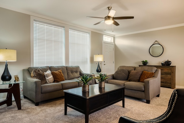 1899 Vargas Rd SE, Rio Rancho, NM 87124 - living room with a ceiling fan, light carpet, and crown molding