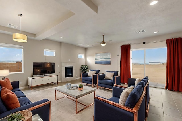 3406 Falkirk Rd NE, Rio Rancho, NM 87144 - living area with recessed lighting, a ceiling fan, light tile patterned flooring, and baseboards