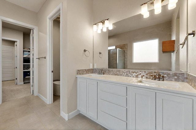 3406 Falkirk Rd NE, Rio Rancho, NM 87144 - bathroom featuring a stall shower, double vanity, and a walk in closet