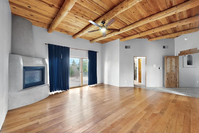 4700 Quaker Heights Pl NW, Albuquerque, NM 87120 - unfurnished living room featuring wood-type flooring, wooden ceiling, beam ceiling, a ceiling fan, and a fireplace