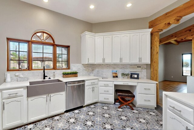 4700 Quaker Heights Pl NW, Albuquerque, NM 87120 - kitchen featuring dishwasher, a sink, tasteful backsplash, white cabinets, and recessed lighting