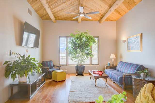4700 Quaker Heights Pl NW, Albuquerque, NM 87120 - living room with wood ceiling, beamed ceiling, hardwood / wood-style flooring, and a ceiling fan