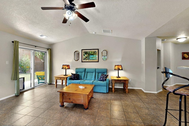 10912 Saltillo St NW, Albuquerque, NM 87114 - tiled living room featuring a textured ceiling, vaulted ceiling, baseboards, and ceiling fan