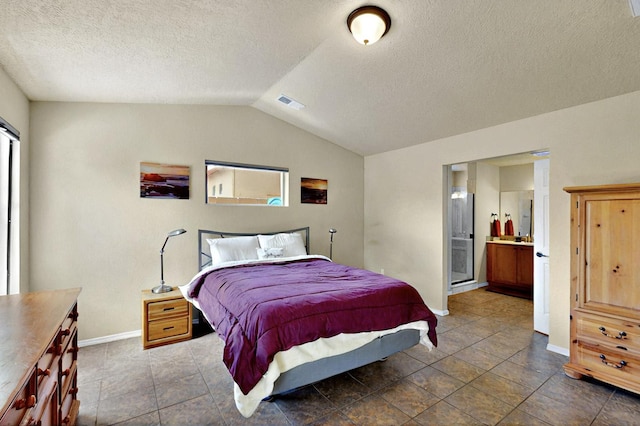 10912 Saltillo St NW, Albuquerque, NM 87114 - bedroom featuring baseboards, lofted ceiling, a textured ceiling, and connected bathroom