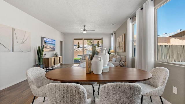 4114 Silver Springs Rd NE, Rio Rancho, NM 87144 - dining space featuring ceiling fan, wood finished floors, baseboards, and a textured ceiling