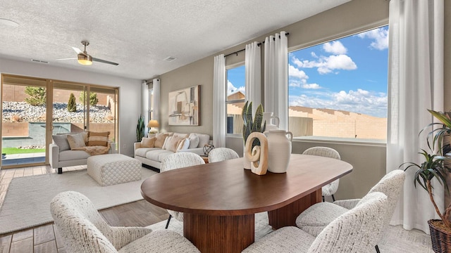 4114 Silver Springs Rd NE, Rio Rancho, NM 87144 - dining space with ceiling fan, healthy amount of natural light, wood finished floors, and a textured ceiling