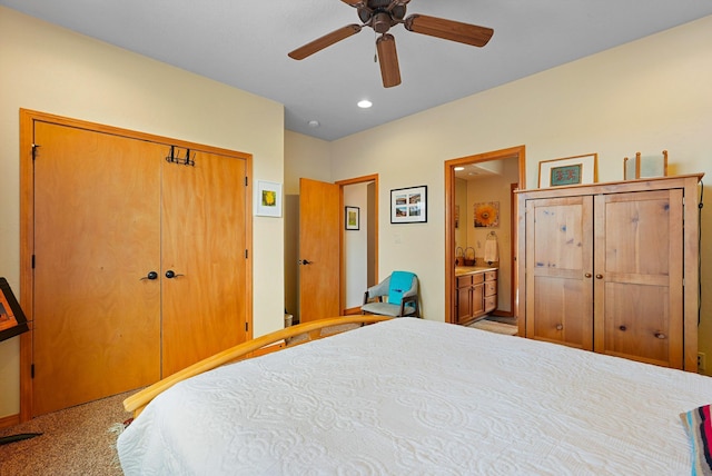 6119 La Paz Rd NE, Rio Rancho, NM 87144 - carpeted bedroom featuring a closet, ceiling fan, connected bathroom, and recessed lighting