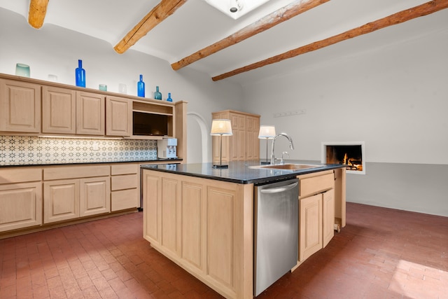 384 Chaparral Ln, Corrales, NM 87048 - kitchen with dishwasher, a sink, brick patterned floors, beamed ceiling, and light brown cabinetry