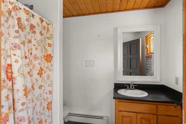 384 Chaparral Ln, Corrales, NM 87048 - full bath featuring wooden ceiling, baseboard heating, toilet, vanity, and a shower with curtain