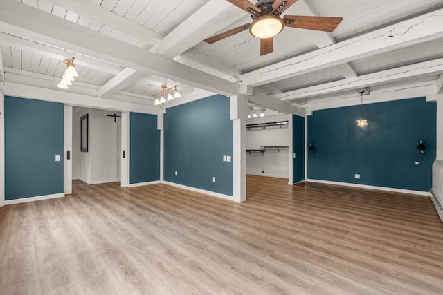 384 Chaparral Ln, Corrales, NM 87048 - unfurnished room featuring beamed ceiling, wood finished floors, baseboards, a ceiling fan, and wooden ceiling