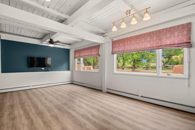 384 Chaparral Ln, Corrales, NM 87048 - unfurnished room with beamed ceiling, wood ceiling, wood finished floors, and a ceiling fan