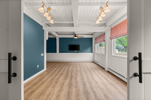 384 Chaparral Ln, Corrales, NM 87048 - unfurnished living room with beamed ceiling, wood finished floors, a ceiling fan, wood ceiling, and baseboards