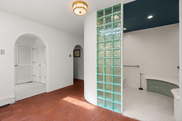 384 Chaparral Ln, Corrales, NM 87048 - full bath featuring a baseboard radiator and walk in shower