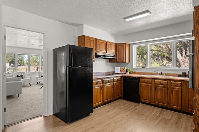 11 Riverside Rd, Peralta, NM 87042 - kitchen featuring black appliances, under cabinet range hood, a textured ceiling, light wood finished floors, and brown cabinetry