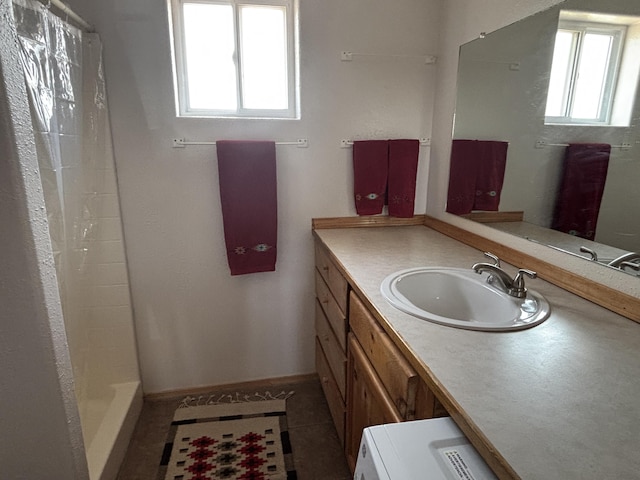 37 Lasso Ln, Pie Town, NM 87827 - bathroom with vanity, curtained shower, and tile patterned flooring