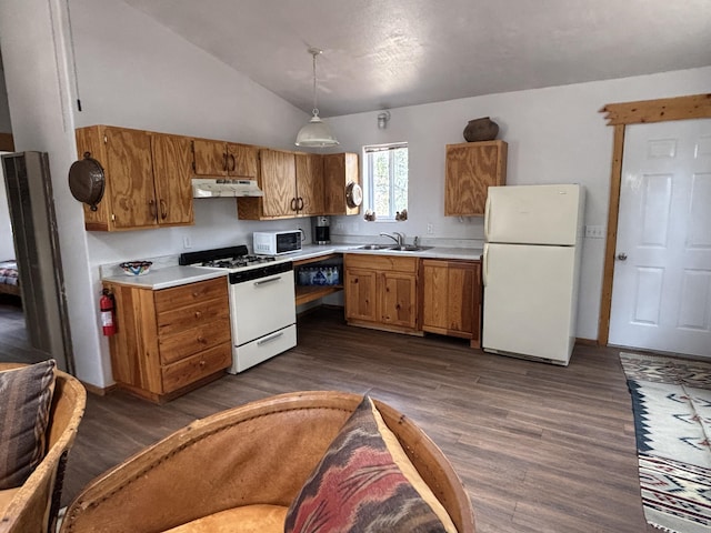 37 Lasso Ln, Pie Town, NM 87827 - kitchen with white appliances, under cabinet range hood, light countertops, brown cabinets, and vaulted ceiling