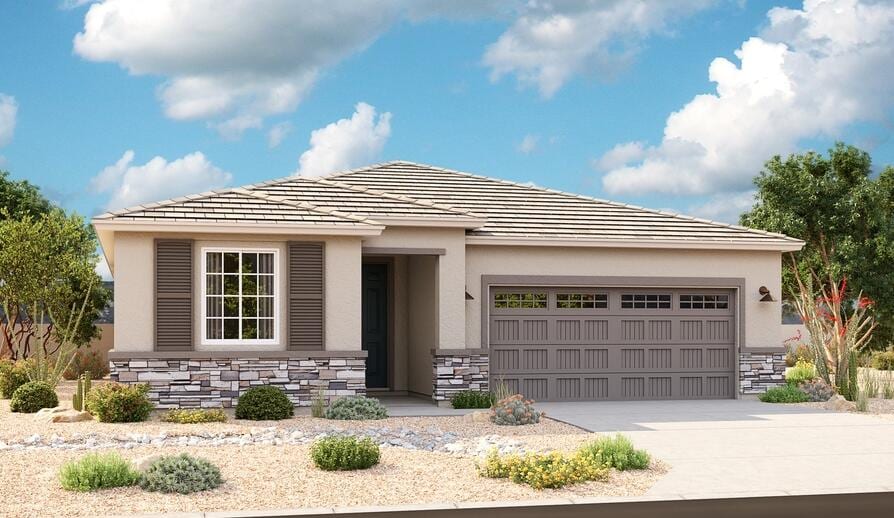 3229 Matador St SE, Rio Rancho, NM 87124 - prairie-style home with stone siding, stucco siding, an attached garage, and concrete driveway
