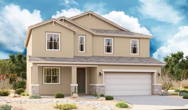 3234 Matador St SE, Rio Rancho, NM 87124 - view of front of home featuring an attached garage, concrete driveway, stone siding, and stucco siding