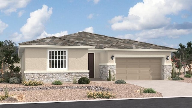 3129 Wolf Tail Loop NE, Rio Rancho, NM 87144 - view of front of home featuring stone siding, stucco siding, an attached garage, and driveway