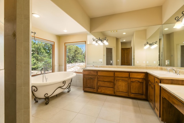 9 Canon Escondido, Sandia Park, NM 87047 - full bath with a soaking tub, tile patterned floors, double vanity, and recessed lighting