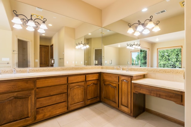 9 Canon Escondido, Sandia Park, NM 87047 - full bathroom with a chandelier, tile patterned floors, recessed lighting, and double vanity