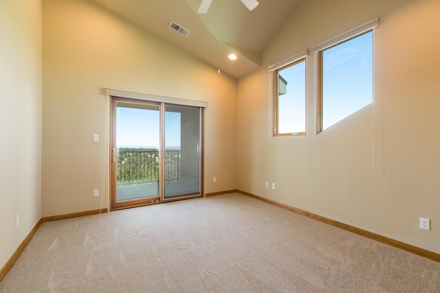 9 Canon Escondido, Sandia Park, NM 87047 - spare room featuring carpet, a ceiling fan, baseboards, and high vaulted ceiling