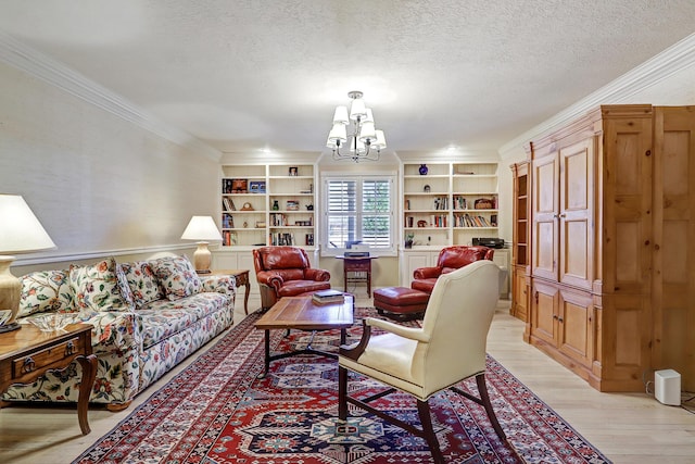 1513 Tinnin Rd NW, Los Ranchos, NM 87107 - living area featuring a chandelier, light wood-type flooring, ornamental molding, a textured ceiling, and built in features