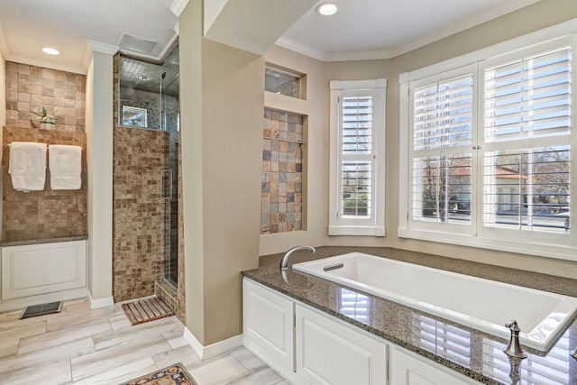 1513 Tinnin Rd NW, Los Ranchos, NM 87107 - full bathroom with ornamental molding, a stall shower, a garden tub, and recessed lighting