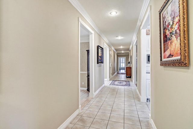 1513 Tinnin Rd NW, Los Ranchos, NM 87107 - hall featuring crown molding, light tile patterned floors, baseboards, and recessed lighting
