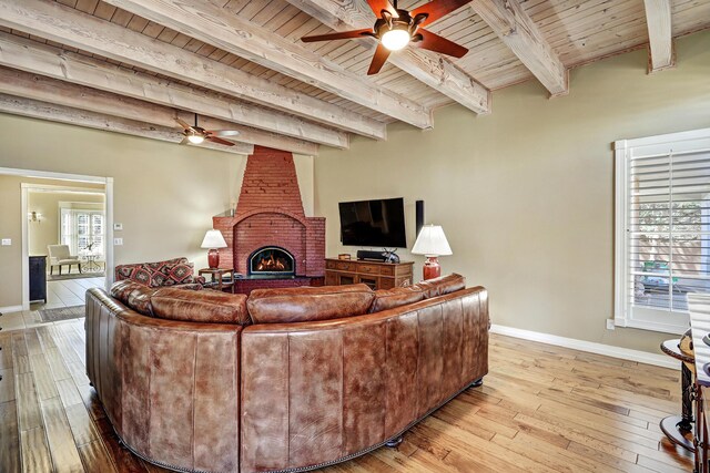 1513 Tinnin Rd NW, Los Ranchos, NM 87107 - living room with ceiling fan, a wooden ceiling with exposed beams, light wood-type flooring, and a fireplace