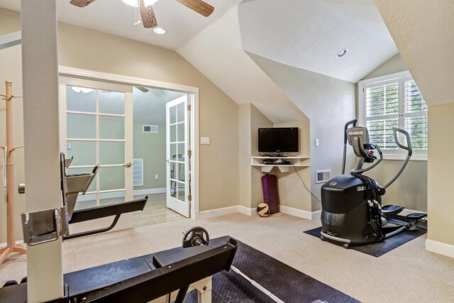 1513 Tinnin Rd NW, Los Ranchos, NM 87107 - exercise area featuring vaulted ceiling, carpet, french doors, a ceiling fan, and recessed lighting