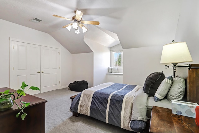 1513 Tinnin Rd NW, Los Ranchos, NM 87107 - carpeted bedroom featuring lofted ceiling, a ceiling fan, and a closet
