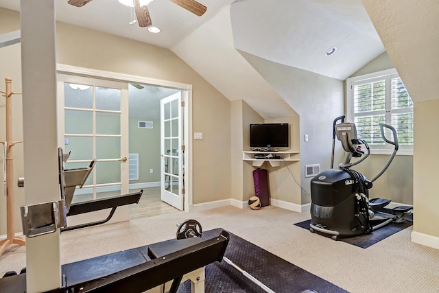 1513 Tinnin Rd NW, Los Ranchos, NM 87107 - workout room featuring vaulted ceiling, carpet flooring, french doors, baseboards, and ceiling fan