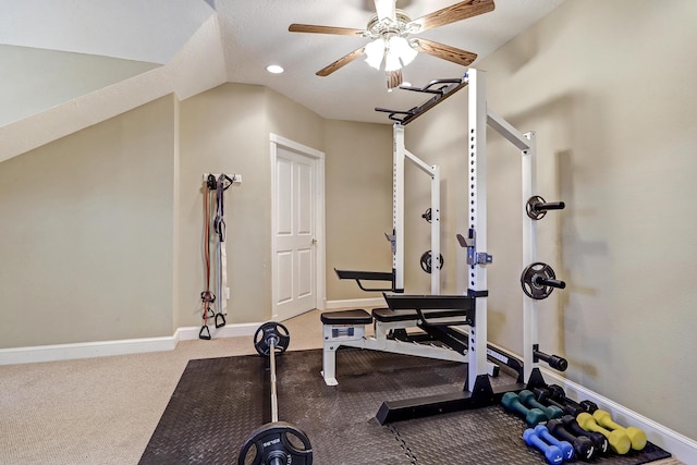 1513 Tinnin Rd NW, Los Ranchos, NM 87107 - workout room with ceiling fan, baseboards, vaulted ceiling, and carpet
