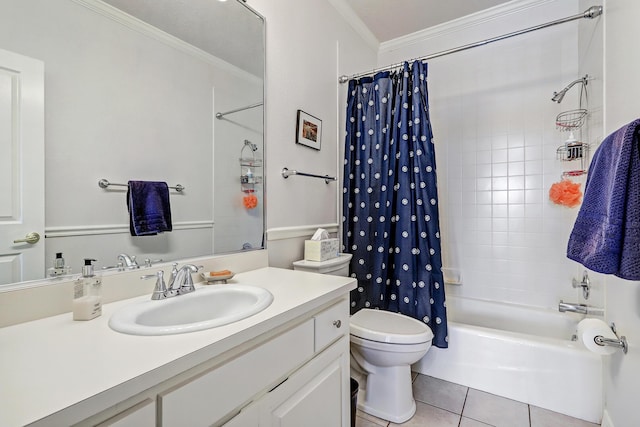 1513 Tinnin Rd NW, Los Ranchos, NM 87107 - full bathroom with toilet, tile patterned floors, vanity, shower / bath combo, and ornamental molding